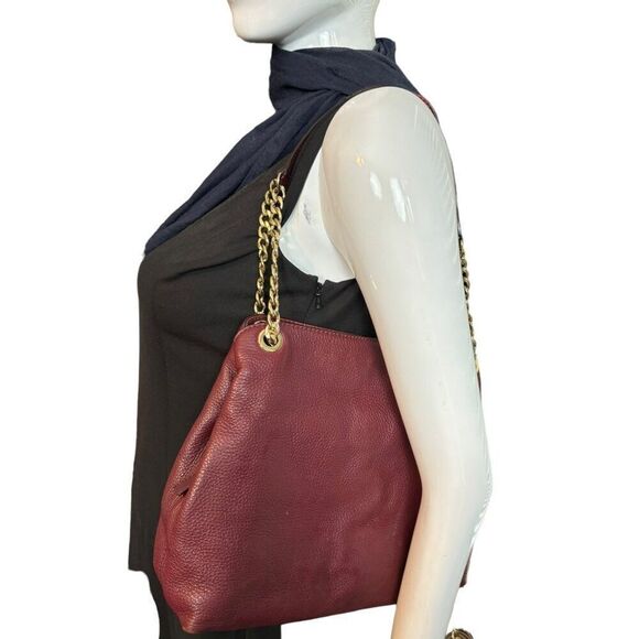 Michael Kors Pebbled Leather Shoulder Bag Burgundy Gold Chain Strap Multi-Compar - Picture 1 of 9